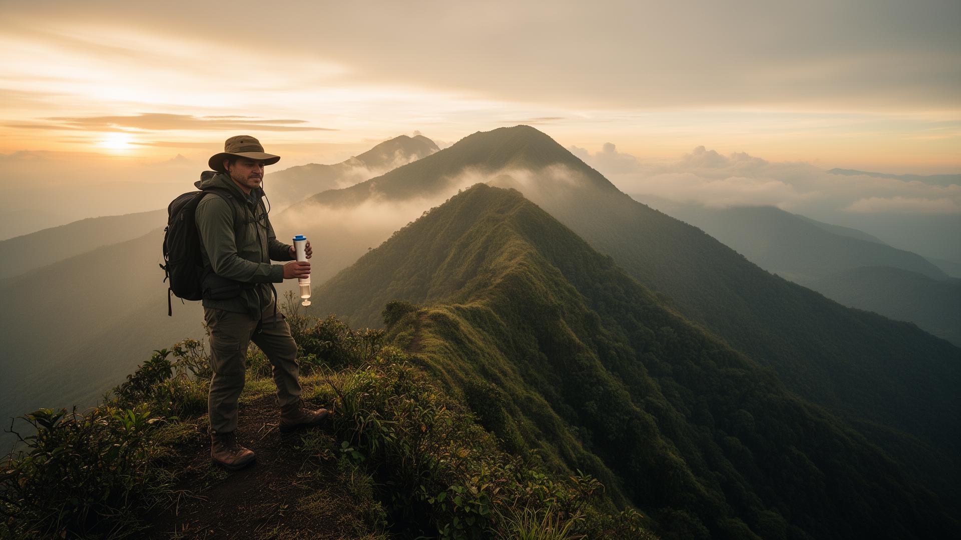 Aventurero en una cima de los Andes colombianos al amanecer con un filtro de agua