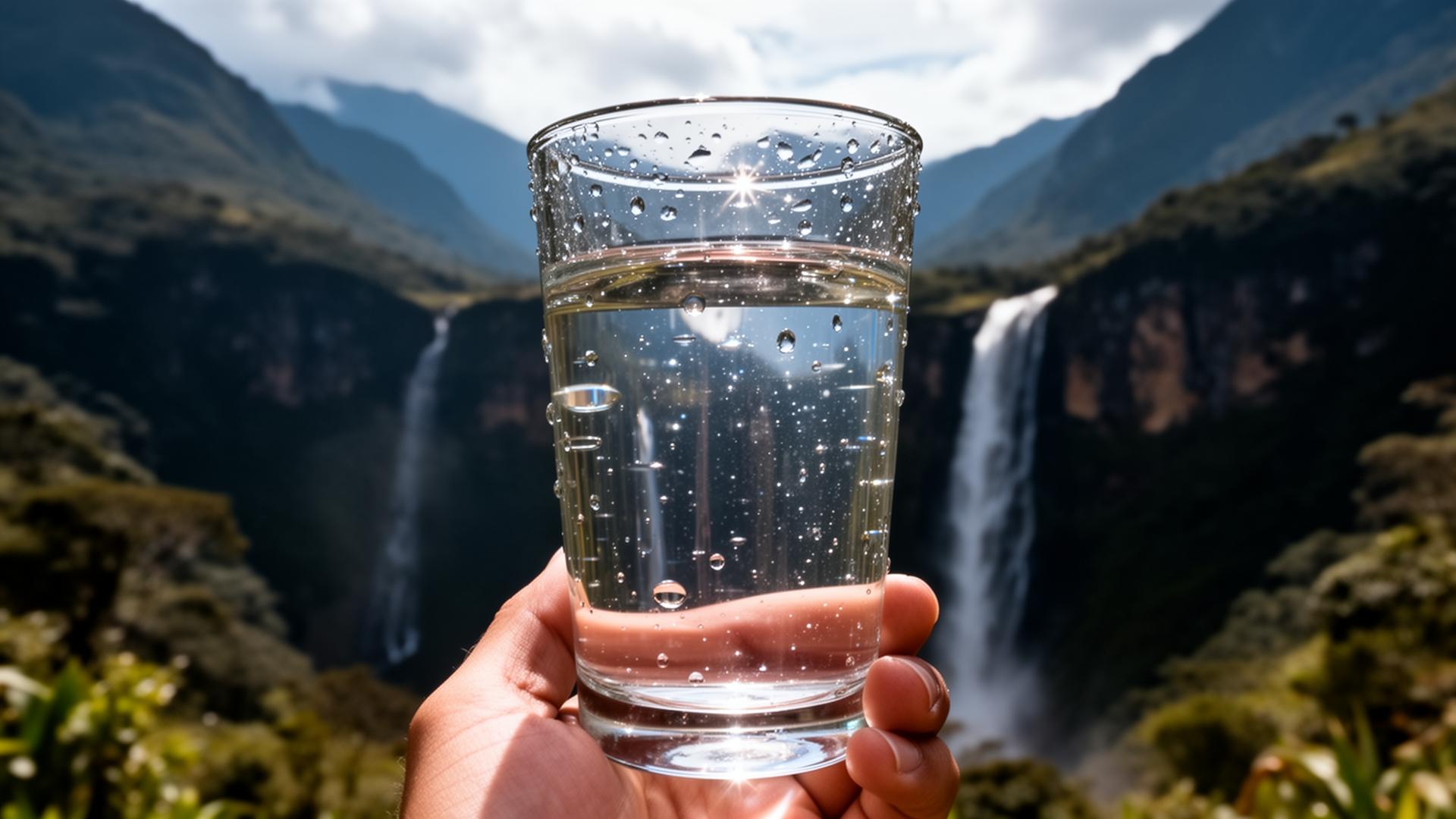 Vaso de agua frente a montañas y cascadas